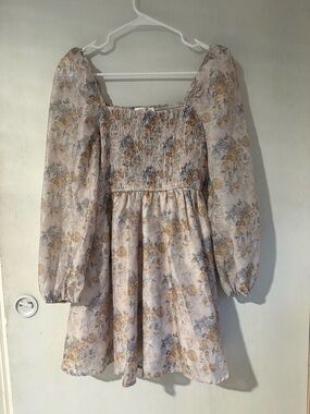 Altar'd State Floral Puff-Sleeve Mini Dress in Cream, Gold, and Blue